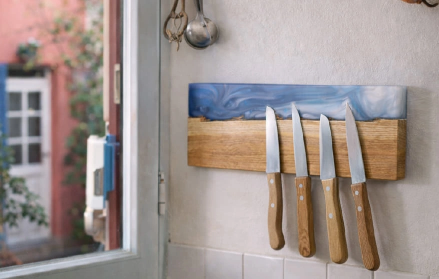 support à couteaux magnétique mural bois résine